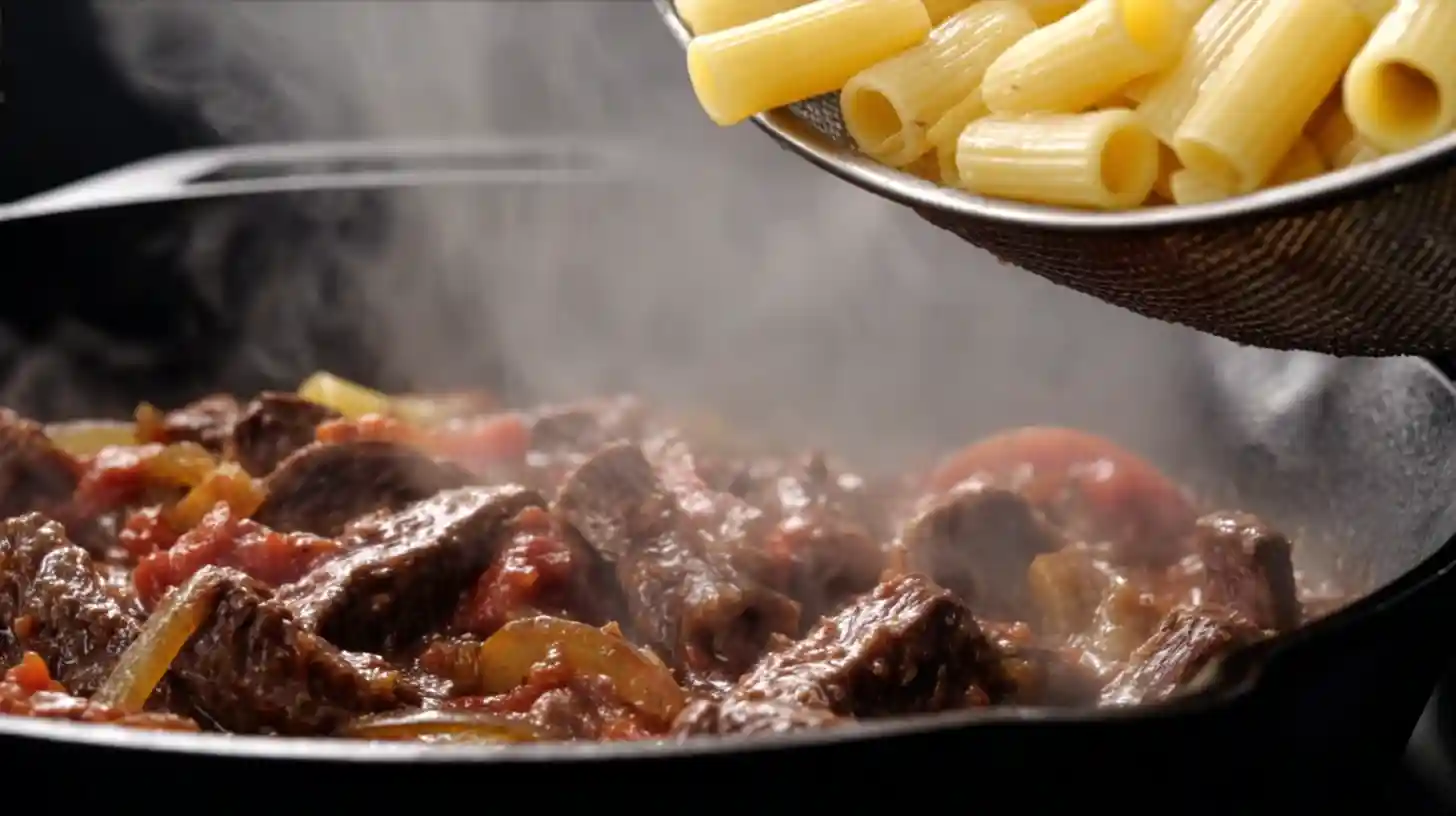 ultimate-philly-cheesesteak-pasta-add-cooked-pasta-skillet Ultimate Philly Cheesesteak Pasta – adding al dente rigatoni to skillet sauce – weeknight dinner ideas with beef