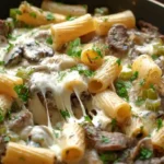 Ultimate Philly Cheesesteak Pasta – creamy pasta skillet with tender steak, melted provolone, and mozzarella – easy dinner recipes for families