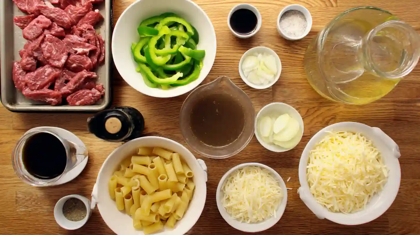ultimate-philly-cheesesteak-pasta-ingredients-fresh-prep Ultimate Philly Cheesesteak Pasta ingredients – ribeye steak, pasta, peppers, onions, cheese, and broth – easy dinner recipes for families