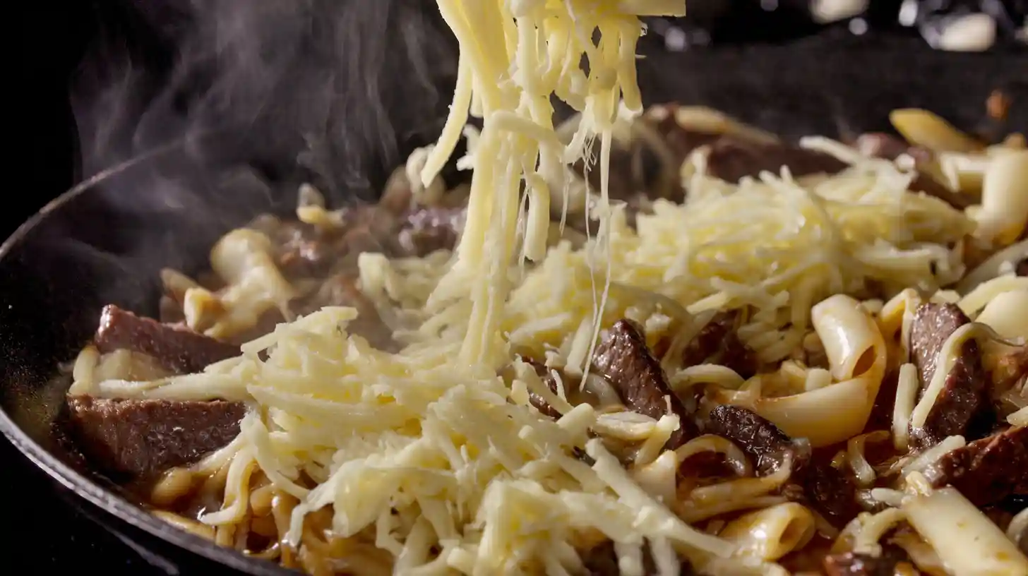 ultimate-philly-cheesesteak-pasta-melt-provolone-mozzarella Ultimate Philly Cheesesteak Pasta – melting provolone and mozzarella into steak and pasta – creamy cheesesteak pasta recipe