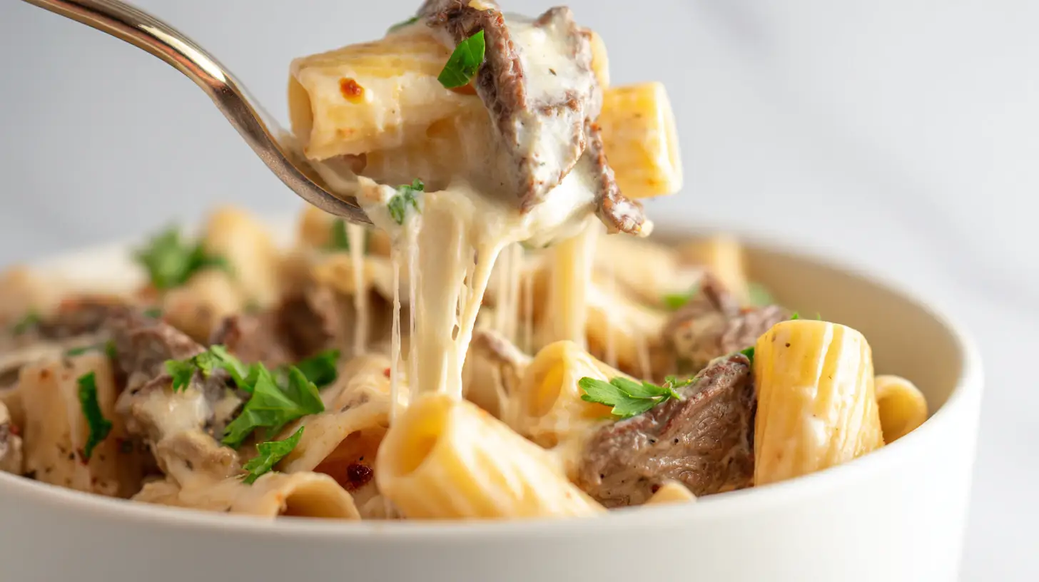 ultimate-philly-cheesesteak-pasta-melted-cheese Ultimate Philly Cheesesteak Pasta with melted provolone and mozzarella, tender steak, creamy sauce – cheesy steak pasta skillet