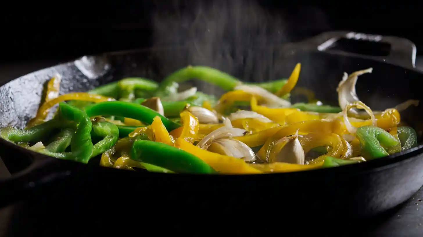ultimate-philly-cheesesteak-pasta-saute-peppers-onions-garlic Ultimate Philly Cheesesteak Pasta – sautéing green bell peppers, onions, and garlic in olive oil – easy dinner recipes with beef