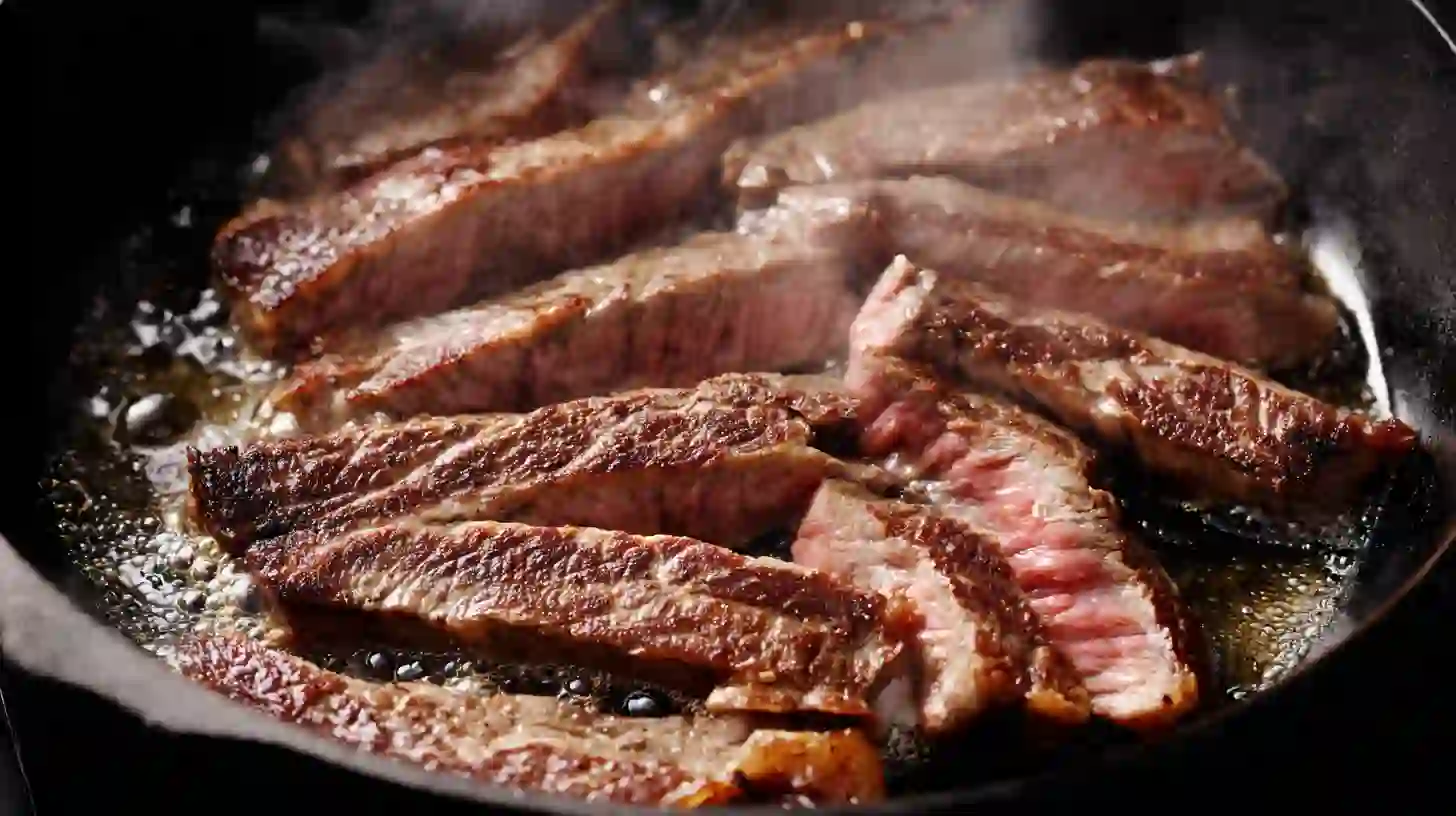 ultimate-philly-cheesesteak-pasta-searing-steak-skillet Ultimate Philly Cheesesteak Pasta – searing ribeye steak slices in olive oil for tender, flavorful beef – quick and cheap meals with beef