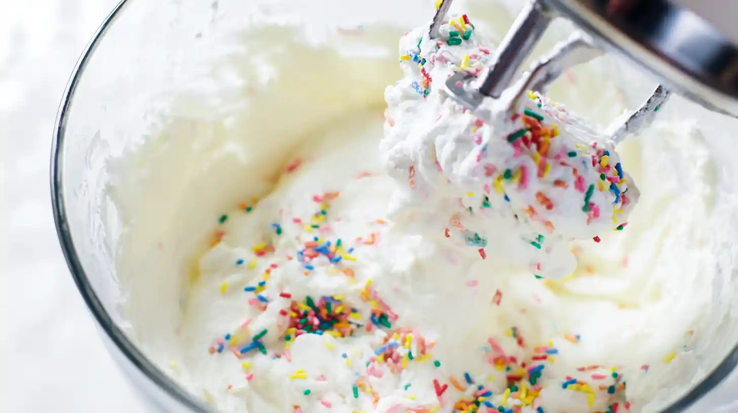 whipping-cream-funfetti-icebox-cake-step1 Blending cream cheese, sugar, and vanilla with whipped cream for No-Bake Funfetti Oreo Icebox Cake recipe, one of the best easy desserts for kids to make