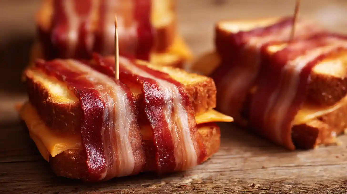 wrapping-bacon-grilled-cheese-fingers Wrapping bacon around grilled cheese for Bacon-Wrapped Grilled Cheese Fingers recipe, perfect for crispy bacon grilled cheese recipe and easy bacon appetizers for parties