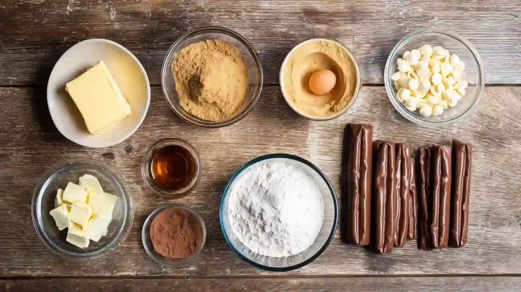 Ingredients for Biscoff Bueno Chocolate Cookie Pie – butter, sugar, flour, cocoa, chocolate chips, Biscoff spread, and Kinder Bueno sticks
