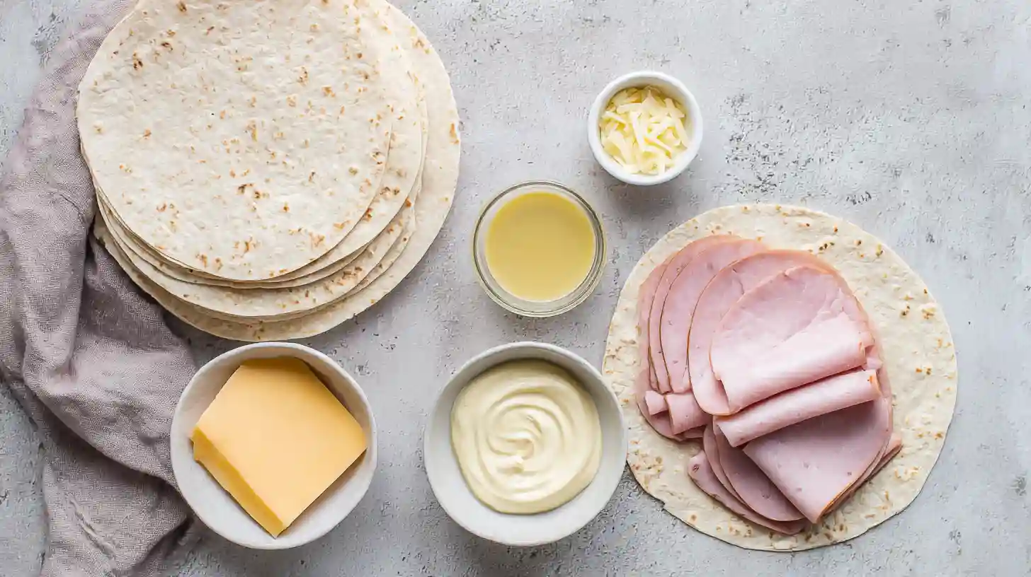 air-fryer-chicken-ham-and-cheese-wraps-ingredients-Image Air Fryer Chicken Ham and Cheese Wraps ingredients – tortillas, Black Forest ham, Swiss cheese, mayo, Dijon mustard, butter.