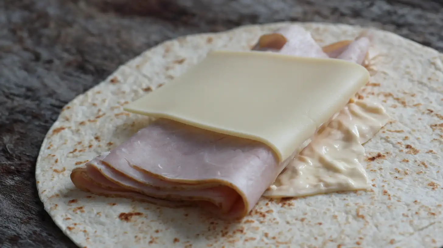 air-fryer-chicken-ham-and-cheese-wraps-step3-build Step 3 Air Fryer Chicken Ham and Cheese Wraps – build tortilla with mayo, Dijon, ham, and Swiss cheese, easy chicken wrap recipes air fryer, kids’ lunchbox air fryer ideas.