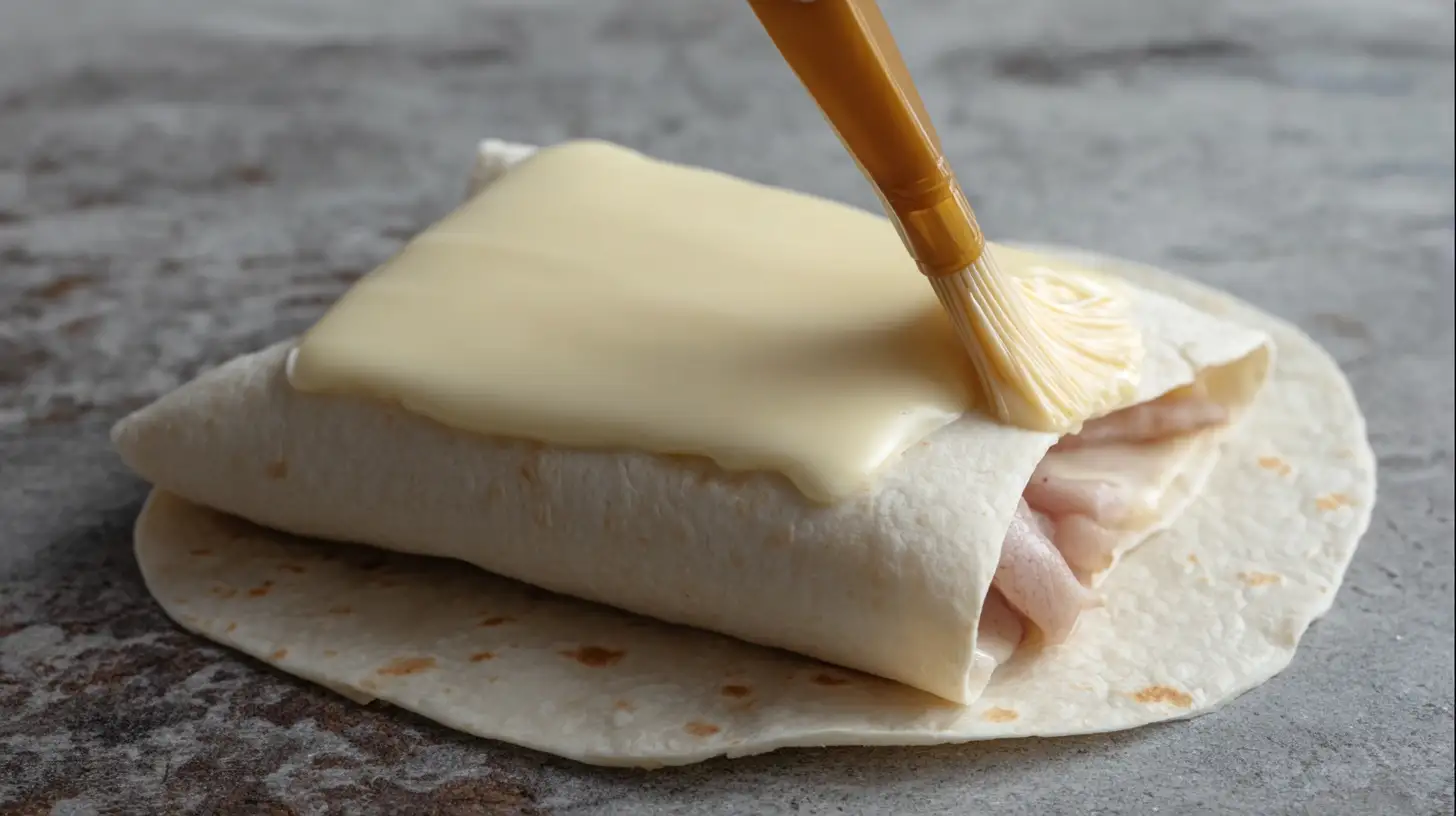 air-fryer-chicken-ham-and-cheese-wraps-step4-fold-butte Step 4 Air Fryer Chicken Ham and Cheese Wraps – fold tortilla burrito-style, brush with butter for crispy chicken wrap air fryer recipe, easy weeknight lunch under 30 minutes.
