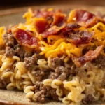 Bacon Cheeseburger Ramen Noodle Bake – Cheesy ground beef casserole with bacon and noodles for easy family dinner recipes.