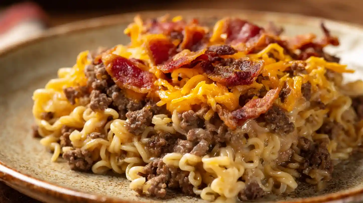 Bacon Cheeseburger Ramen Noodle Bake Easy Comfort Casserole