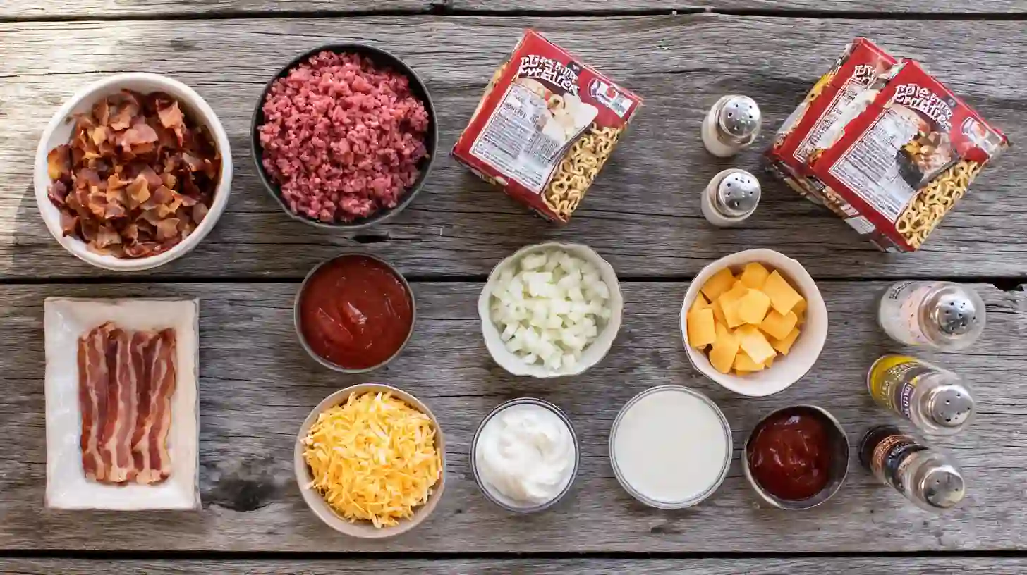bacon-cheeseburger-ramen-noodle-bake-ingredients-Image Bacon Cheeseburger Ramen Noodle Bake ingredients – ground beef, bacon, ramen noodles, cheese, sour cream, and sauces for an easy ground beef casserole.
