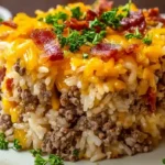 Bacon Cheeseburger Rice Stack Comfort Food with beef, rice, bacon, and melted cheddar, family comfort food recipes and quick ground beef dinners