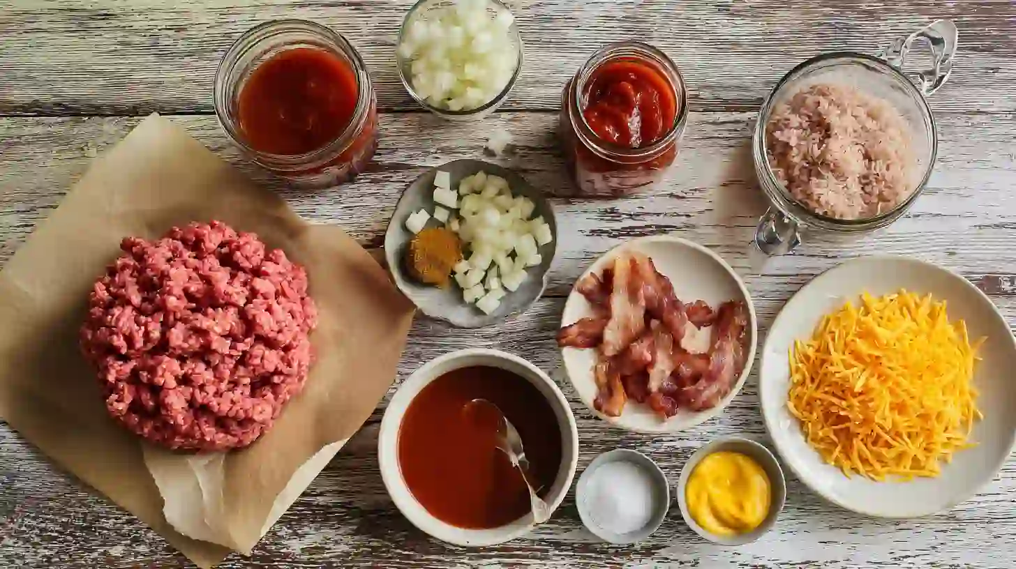 bacon-cheeseburger-rice-stack-Comfort-Food-ingredients-Image Ingredients for Bacon Cheeseburger Rice Stack Comfort Food with ground beef, rice, bacon, cheddar, and broth, quick ground beef dinners and family comfort food recipes