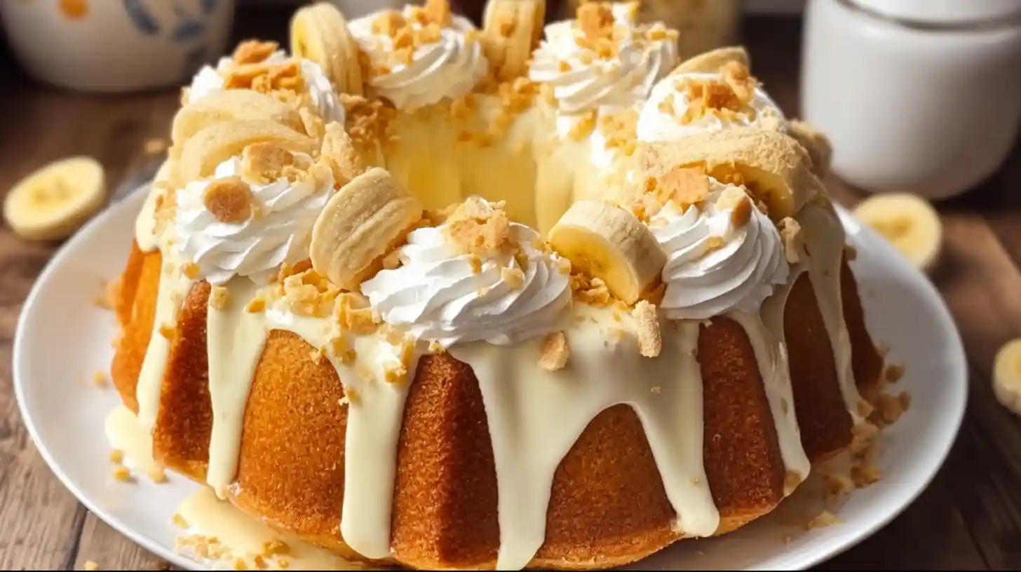 Banana Pudding Pound Cake recipe – moist bundt cake with banana slices, wafers, and pudding glaze