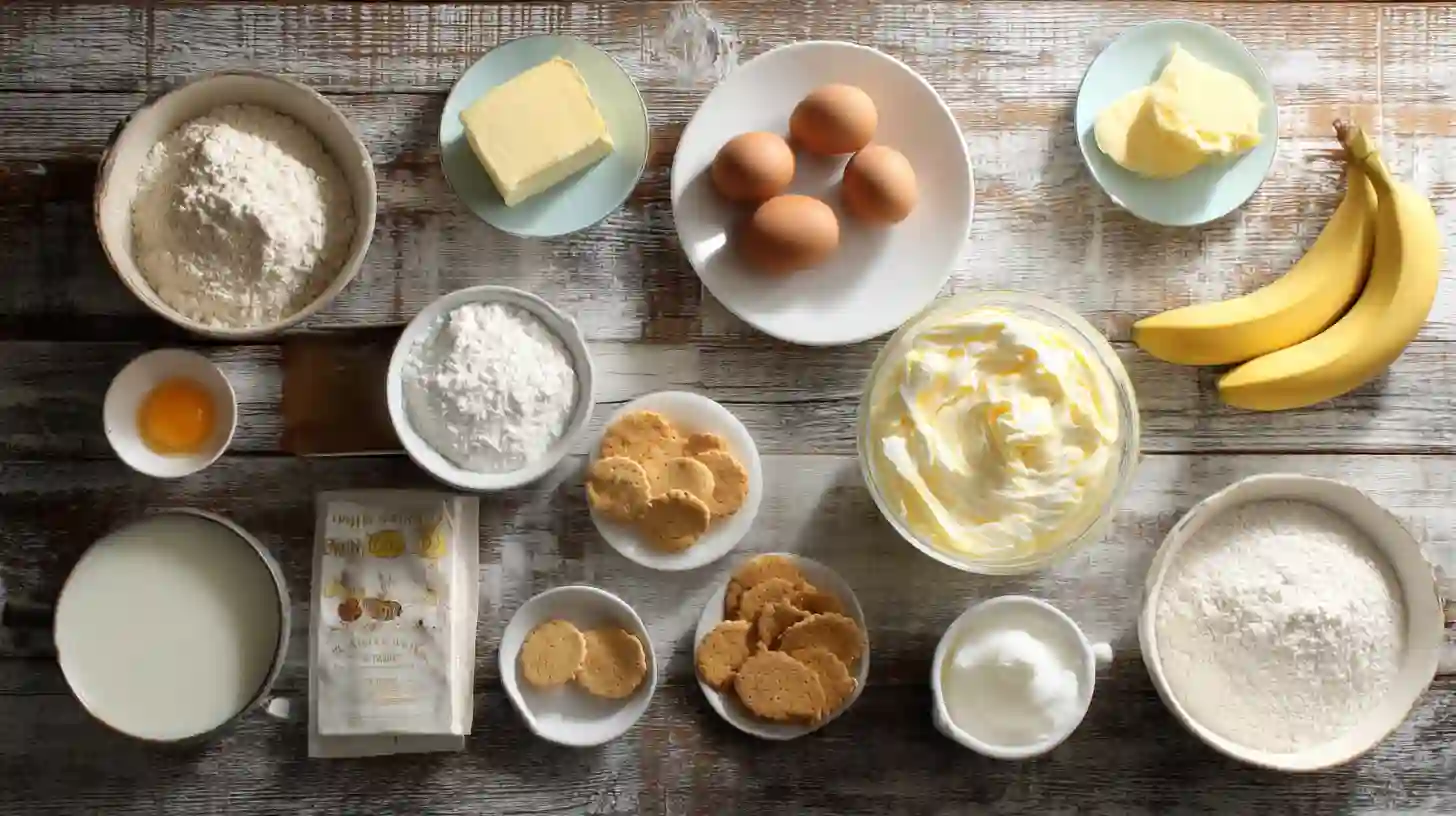 Banana Pudding Pound Cake ingredients – flour, bananas, pudding mix, sour cream, vanilla wafers