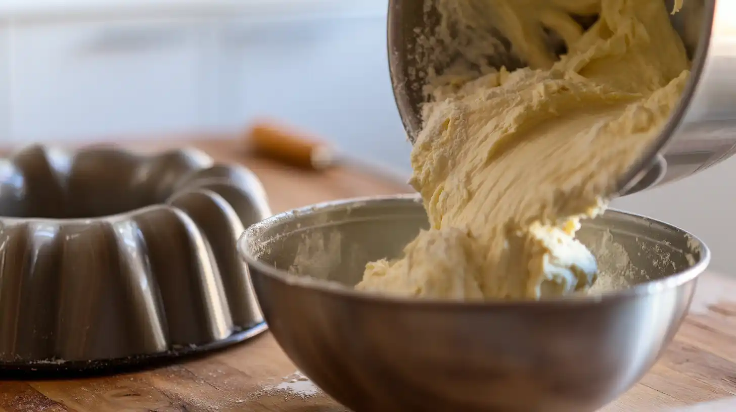 Banana Pudding Pound Cake recipe – batter folded with sour cream and flour for homemade Bundt cake desserts