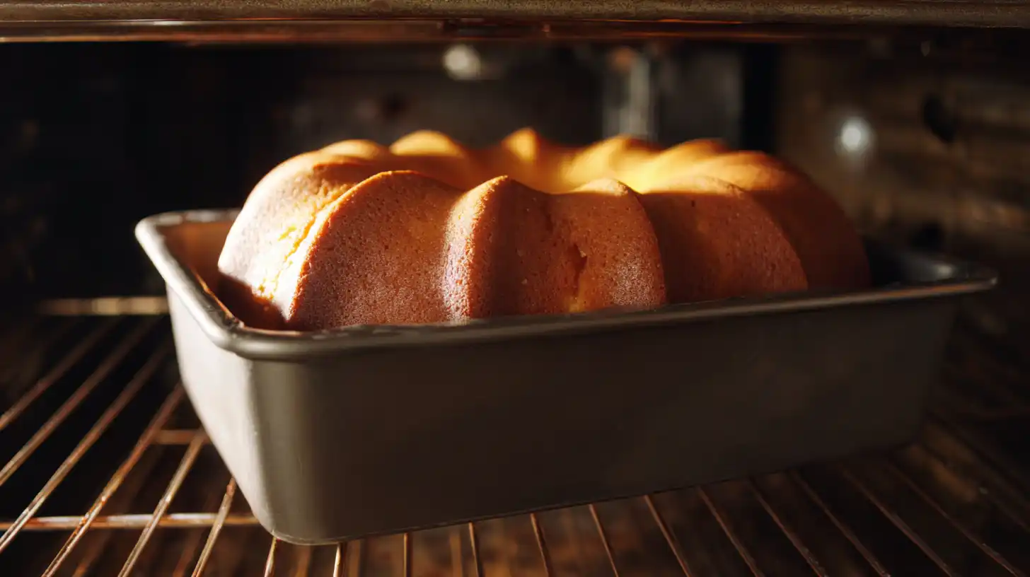 Banana Pudding Pound Cake recipe – golden Bundt cake baking in oven and cooling for old-fashioned banana pound cake