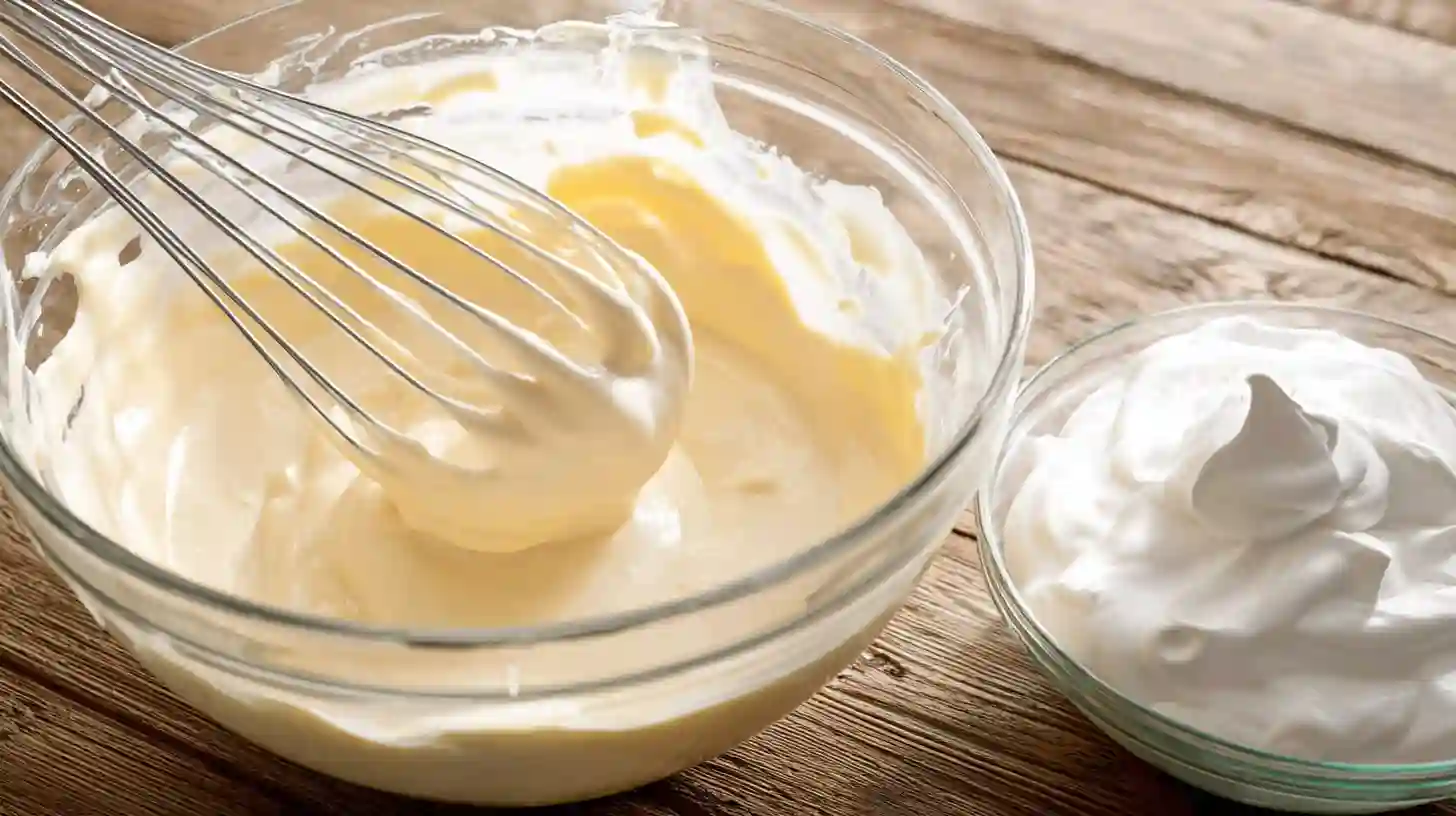 Banana Pudding Pound Cake recipe – pudding mix whisked with milk and folded with whipped cream for creamy banana cream cake with whipped topping