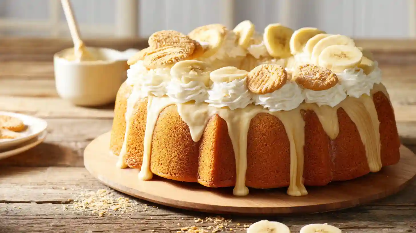 Banana Pudding Pound Cake recipe – glazed Bundt cake topped with whipped cream, bananas, and crushed vanilla wafers for easy holiday cake recipes