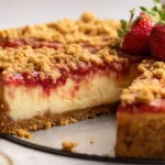 Berrylicious Strawberry Crunch Cheesecake with creamy filling and crunchy strawberry topping.