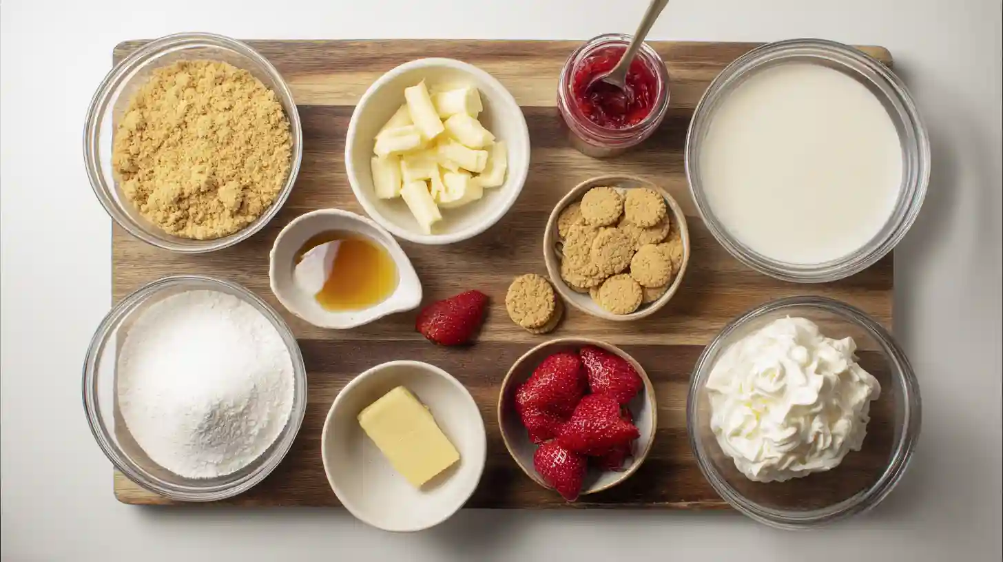 berrylicious-strawberry-crunch-cheesecake-ingredients-image Ingredients for Berrylicious Strawberry Crunch Cheesecake – cream cheese, graham crackers, freeze-dried strawberries.