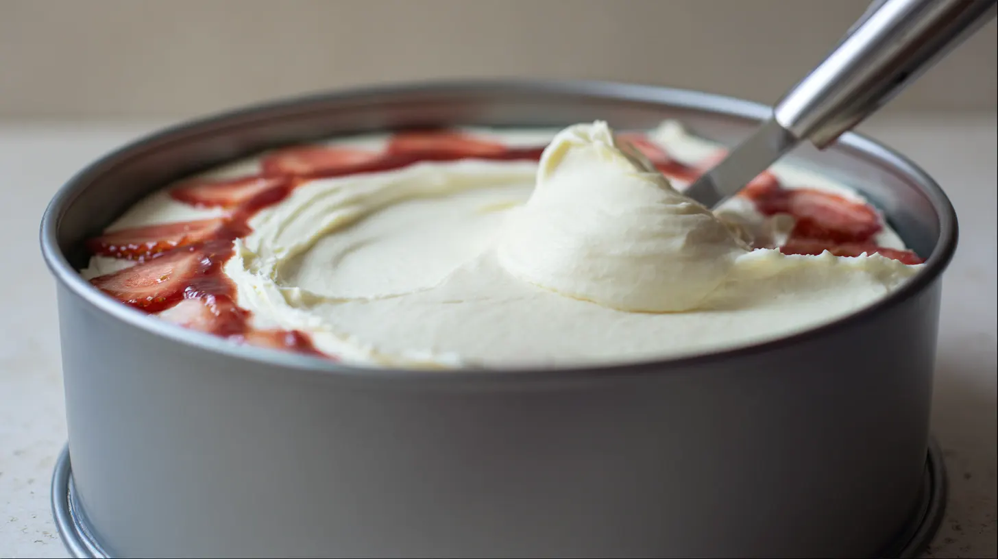 berrylicious-strawberry-crunch-cheesecake-step3-assemble-layers Step 3 Berrylicious Strawberry Crunch Cheesecake layers – fresh strawberry desserts for easy dessert recipes for families.