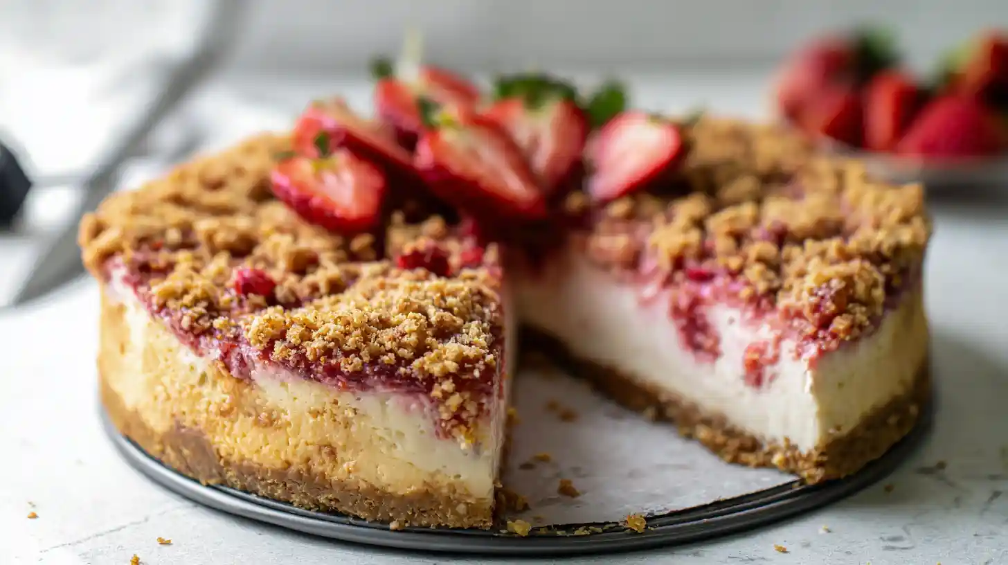 berrylicious-strawberry-crunch-cheesecake-step5-chill-serve Step 5 Berrylicious Strawberry Crunch Cheesecake served chilled – quick family desserts and easy dessert recipes for families.