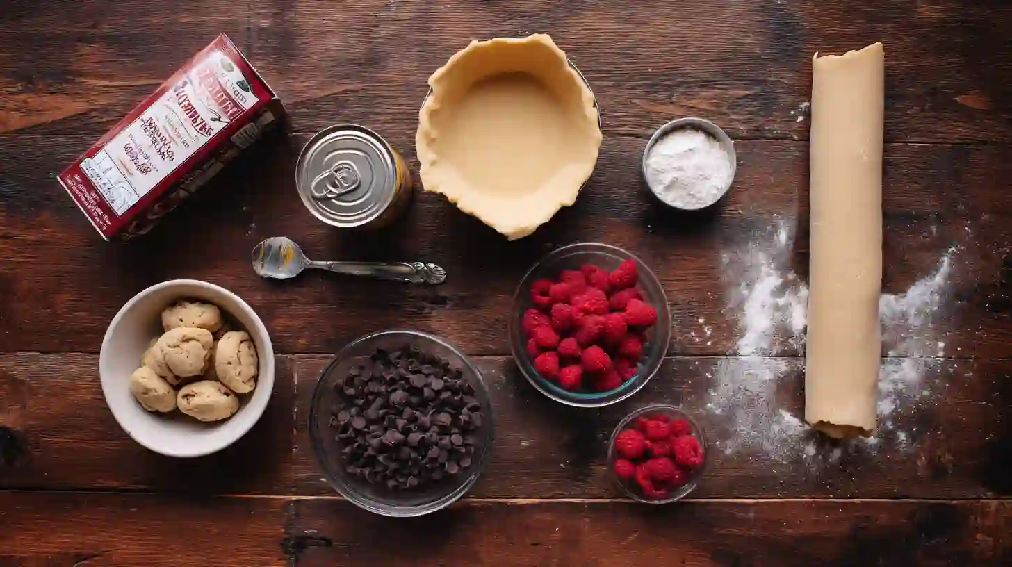 best-dark-chocolate-raspberry-pie-bars-ingredients-Image Ingredients for best dark chocolate raspberry pie bars with pie crust, condensed milk, chocolate chips, raspberries, sugar, and cookie dough.Valentine’s Day chocolate desserts