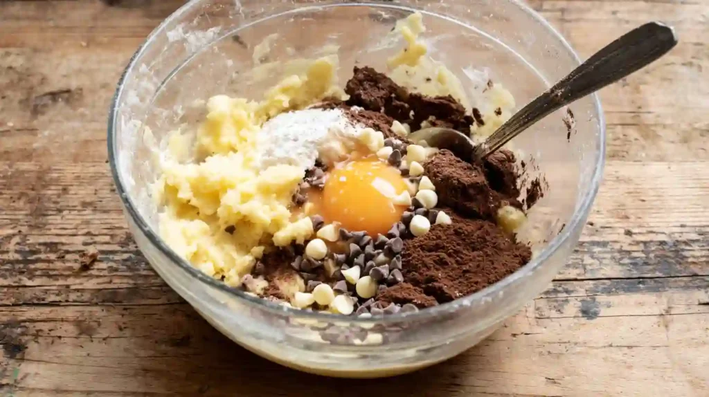 Preparing dough for Biscoff Bueno Chocolate Cookie Pie – creamed butter, sugar, egg, vanilla, flour, cocoa, and chocolate chips in mixing bowl
