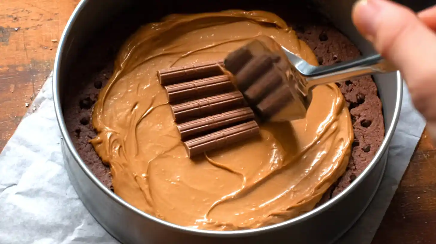 biscoff-bueno-cookie-pie-step3-add-filling Adding filling to Biscoff Bueno Chocolate Cookie Pie – Biscoff spread and Kinder Bueno layered for stuffed cookie pie with chocolate