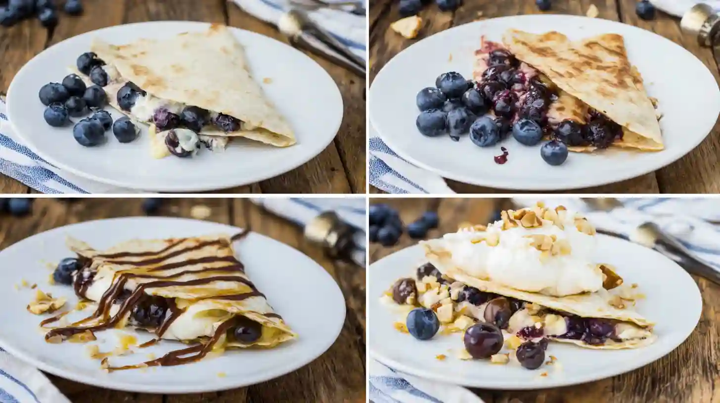 blueberry-breakfast-quesadilla-variations Different variations of blueberry breakfast quesadillas including classic, healthy, dessert, and gourmet versions, quick family dessert ideas and healthy alternatives to cream cheese