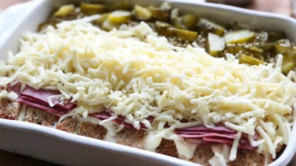 Layering pastrami, sauerkraut, pickles, and Swiss cheese for Savory Reuben Bake, quick oven casserole meals and family dinner casserole recipes