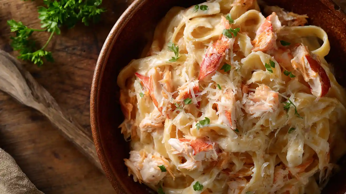 Cajun Lobster Crab and Salmon Alfredo luxury seafood pasta recipe, high protein seafood pasta meals, homemade Alfredo sauce with seafood.