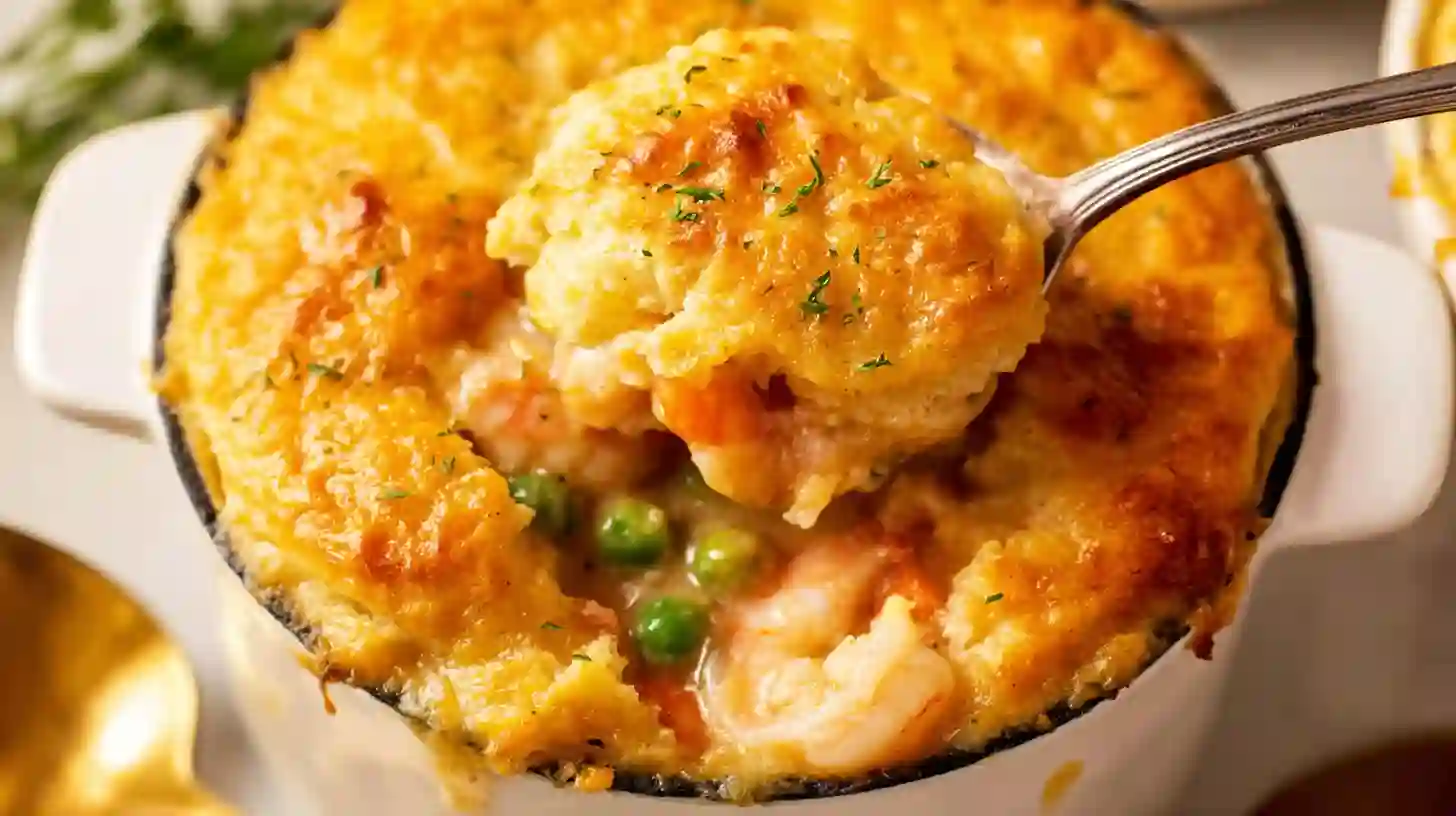 Cheddar Bay Biscuit Seafood Pot Pie with golden biscuit topping and creamy shrimp and crab filling, easy dinner recipes for families and quick family dinner ideas