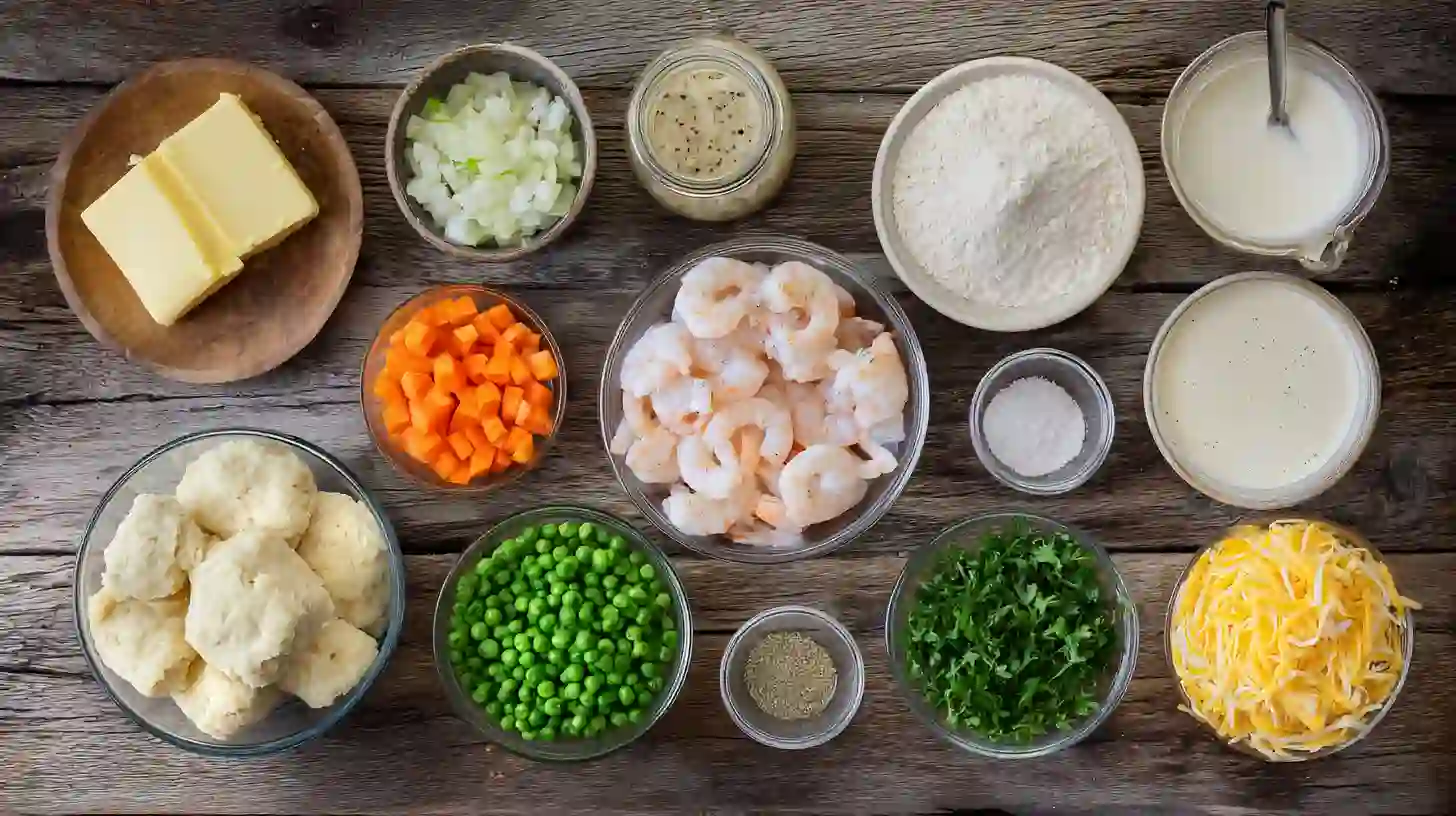 cheddar-bay-biscuit-seafood-pot-pie-ingredients-Image Ingredients for Cheddar Bay Biscuit Seafood Pot Pie with shrimp, crab, vegetables, cream, and cheddar biscuits, easy dinner recipes for families and quick family dinner ideas
