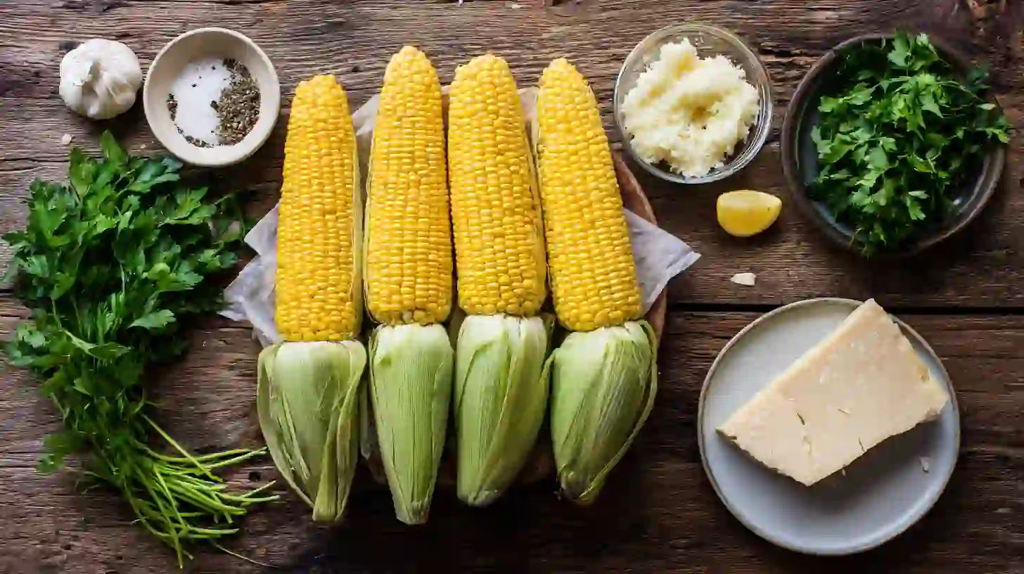 cheesy-garlic-butter-corn-on-the-cob-ingredients-Image Ingredients for Cheesy Garlic Butter Corn on the Cob | easy side dishes with corn and family-friendly cheesy recipes