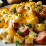 Cheesy Ranch Potatoes and Smoked Sausage – easy family dinner idea with ranch seasoning and the best cheese for melting in recipes.