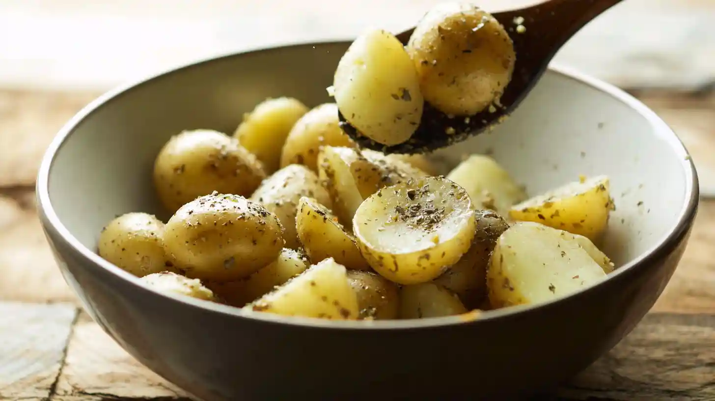 cheesy-ranch-potatoes-smoked-sausage-step2-season Cheesy Ranch Potatoes and Smoked Sausage – baby potatoes tossed with olive oil, ranch seasoning, salt, and pepper for an easy family dinner recipe.