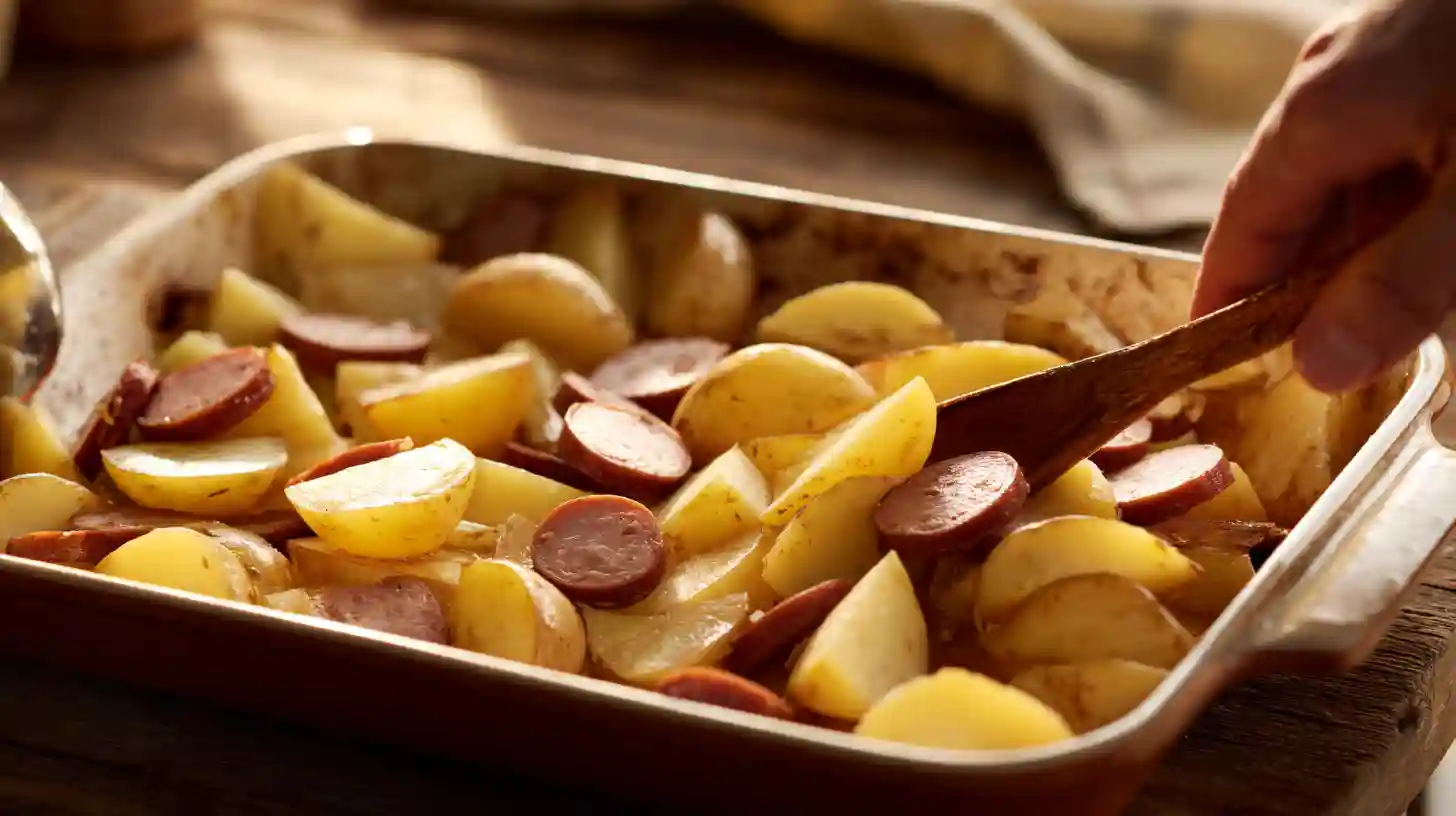 cheesy-ranch-potatoes-smoked-sausage-step3-bake Cheesy Ranch Potatoes and Smoked Sausage – roasted potatoes baked 25 minutes then mixed with smoked sausage slices for a one-pan sausage and potato recipe.