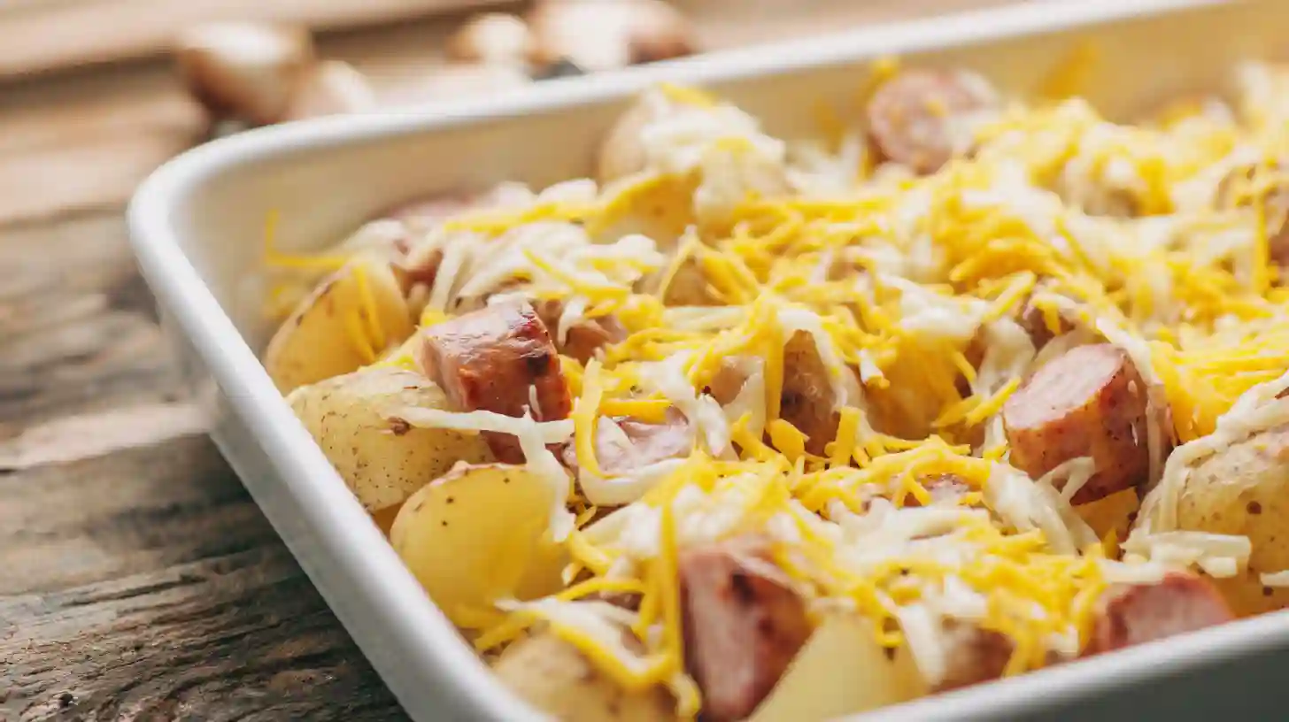 cheesy-ranch-potatoes-smoked-sausage-step4-cheese Cheesy Ranch Potatoes and Smoked Sausage – topped with cheddar and mozzarella cheese and baked until golden, bubbly, and melty for the best cheese dinner recipe.