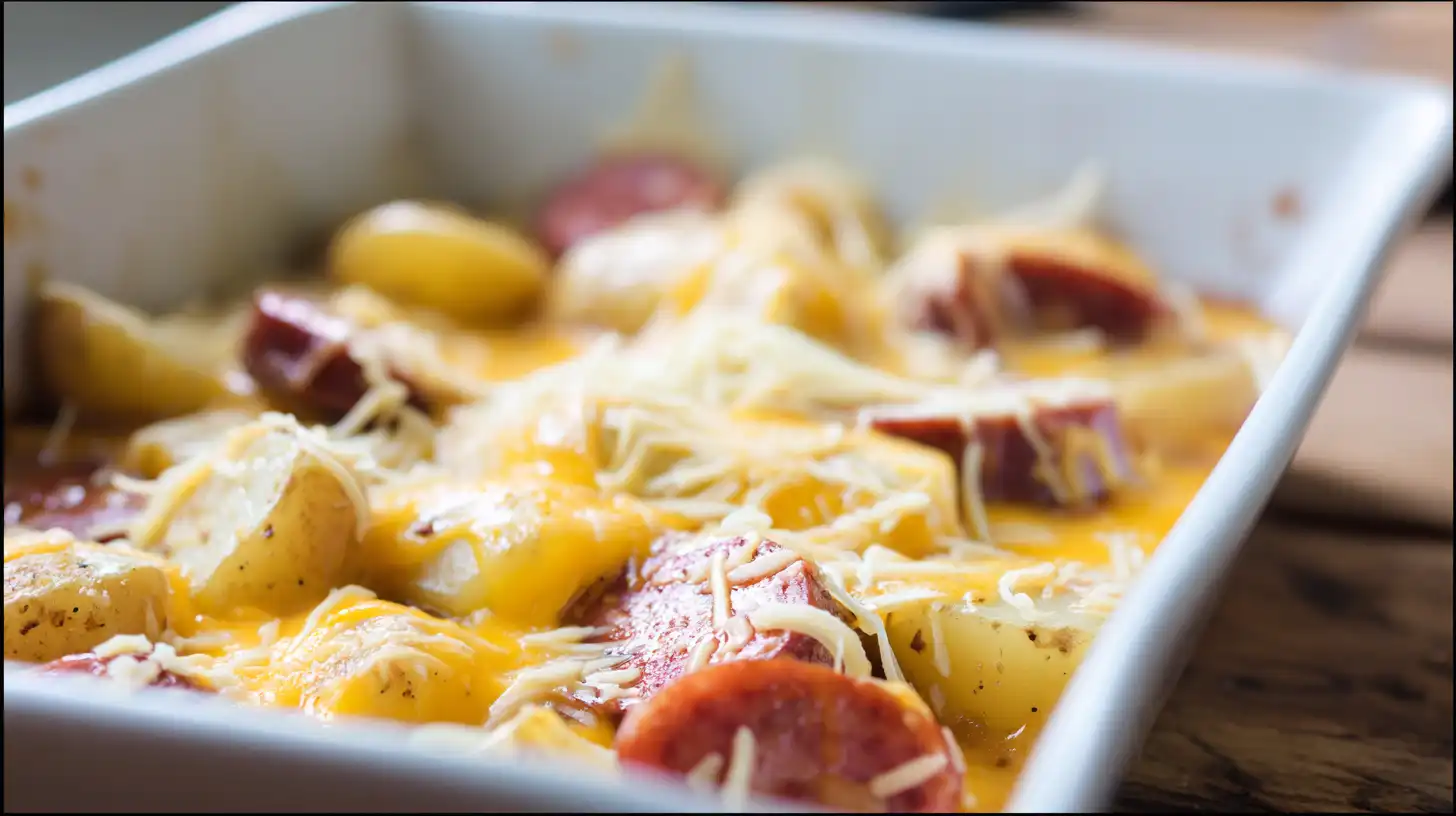 cheesy-ranch-potatoes-smoked-sausage-step5-serve Cheesy Ranch Potatoes and Smoked Sausage – hot and gooey, garnished with green onions and parsley, an easy family dinner recipe with ranch seasoning and the best cheese for melting.