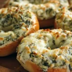 Cheesy Spinach-Artichoke Bagels with golden melted cheese and creamy spinach spread, healthy snack ideas for families and oven-baked bagel recipe with cheese