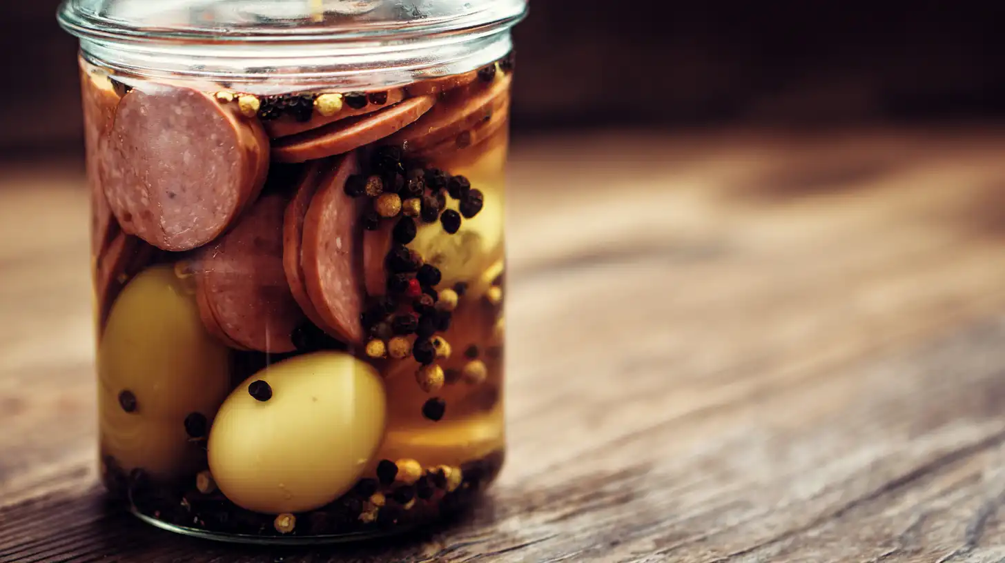 classic-bar-style-pickled-eggs-sausage-onions Classic Bar-Style Quick Pickled Eggs Sausage and Onions – tangy brine with mustard seeds for best jarred pickled snacks.