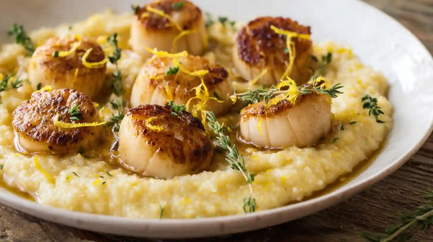 Classic golden scallops with parmesan polenta and brown butter – luxury seafood recipe