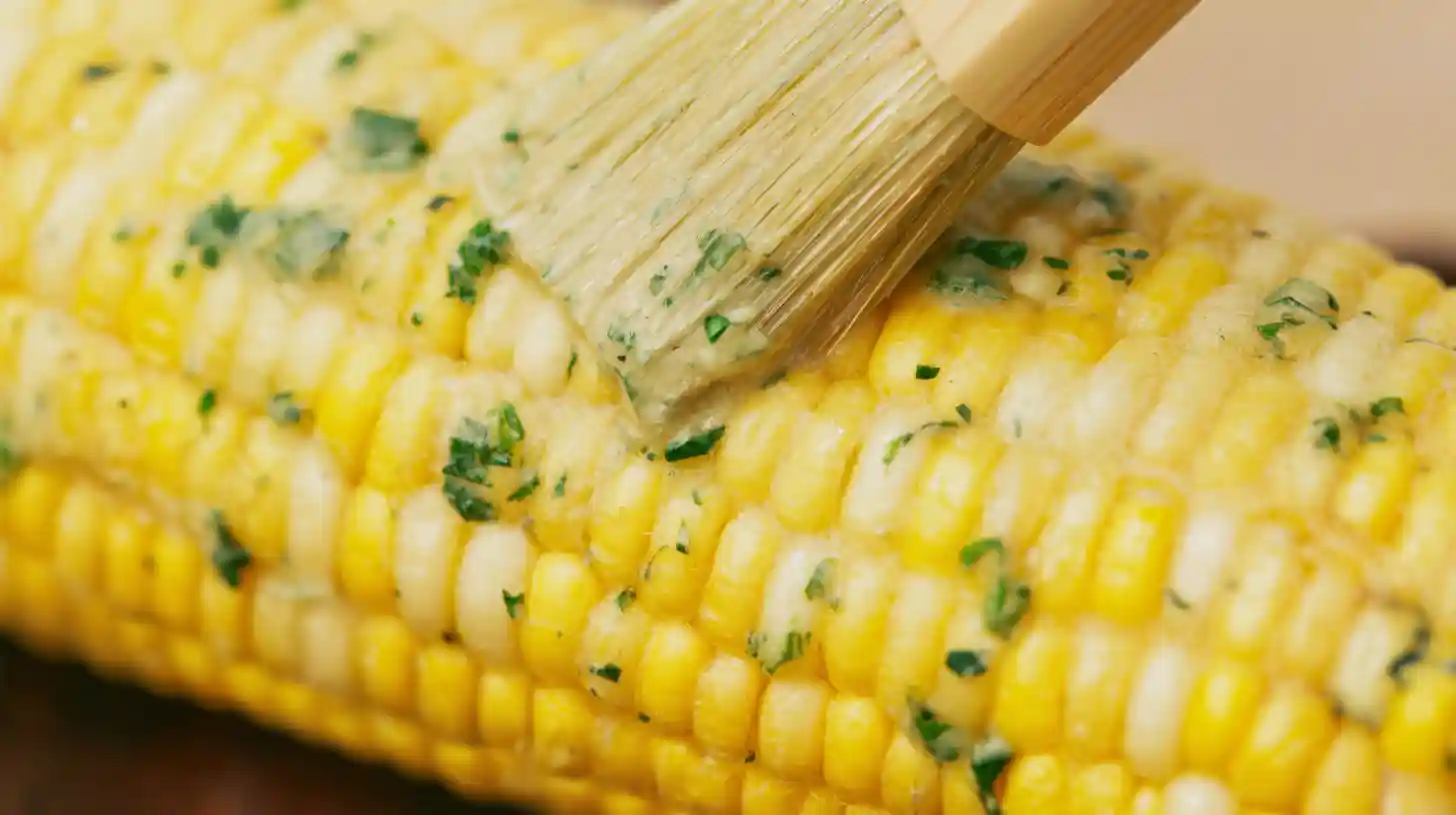 coat-corn-step3-cheesy-garlic-butter Brushing garlic butter on Cheesy Garlic Butter Corn on the Cob | easy side dishes with corn and family-friendly cheesy recipes