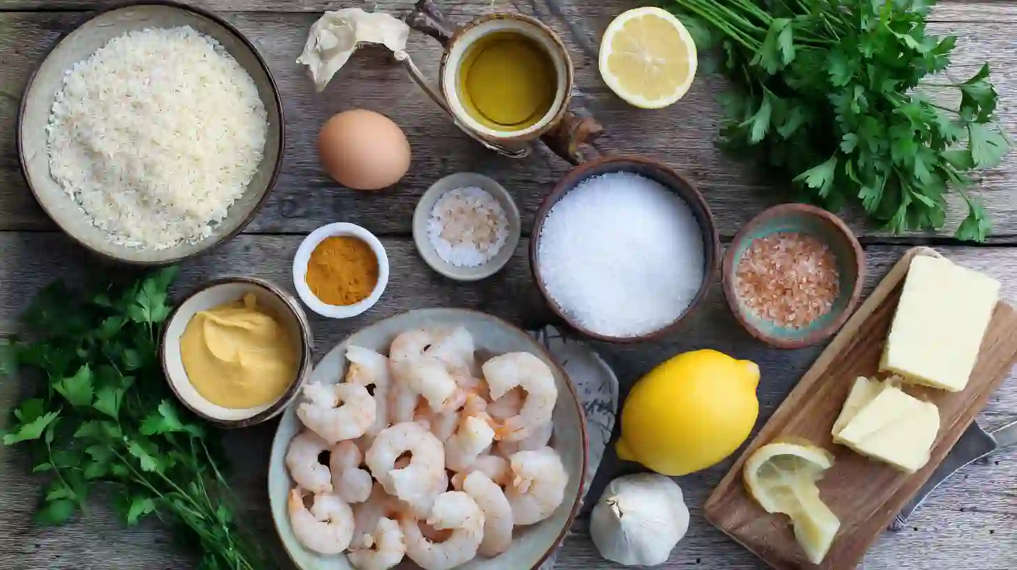 coconut-crisp-shrimp-with-springy-rice-Ingredient-Image Coconut Shrimp Ingredients – baked coconut shrimp recipe with jasmine rice and honey butter