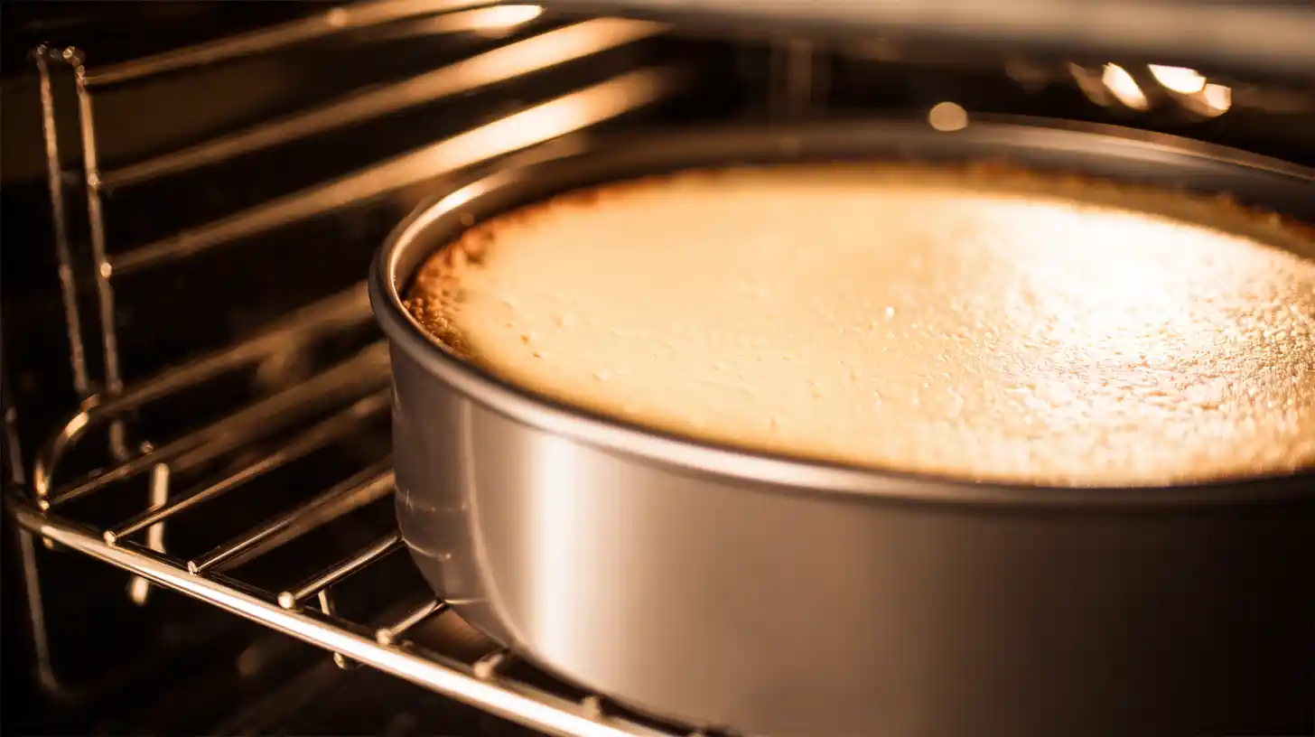 Cooling decadent caramel brownie cheesecake in oven – step-by-step gourmet cheesecake recipe and luxury chocolate desserts