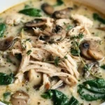 Cozy Rotisserie Chicken Mushroom Soup – creamy chicken soup with mushrooms, spinach, and rotisserie chicken.