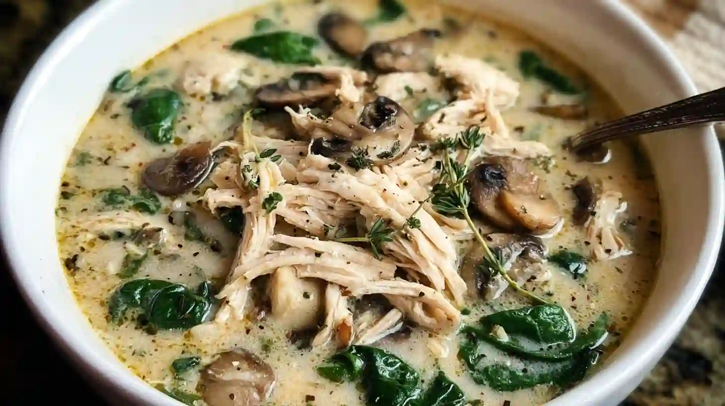 Cozy Rotisserie Chicken Mushroom Soup – creamy chicken soup with mushrooms, spinach, and rotisserie chicken.